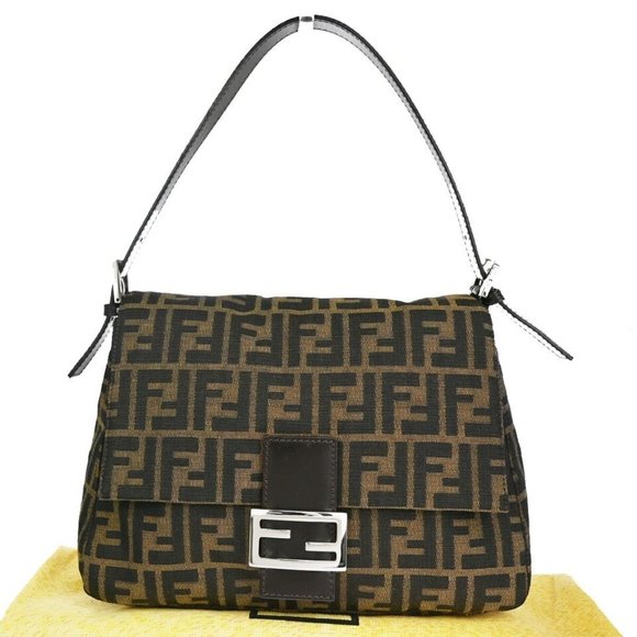 FENDI Logo Mamma Zucca Pattern Shoulder Bag Canvas Leather Brown Italy 667RJ370 - Picture 1 of 13